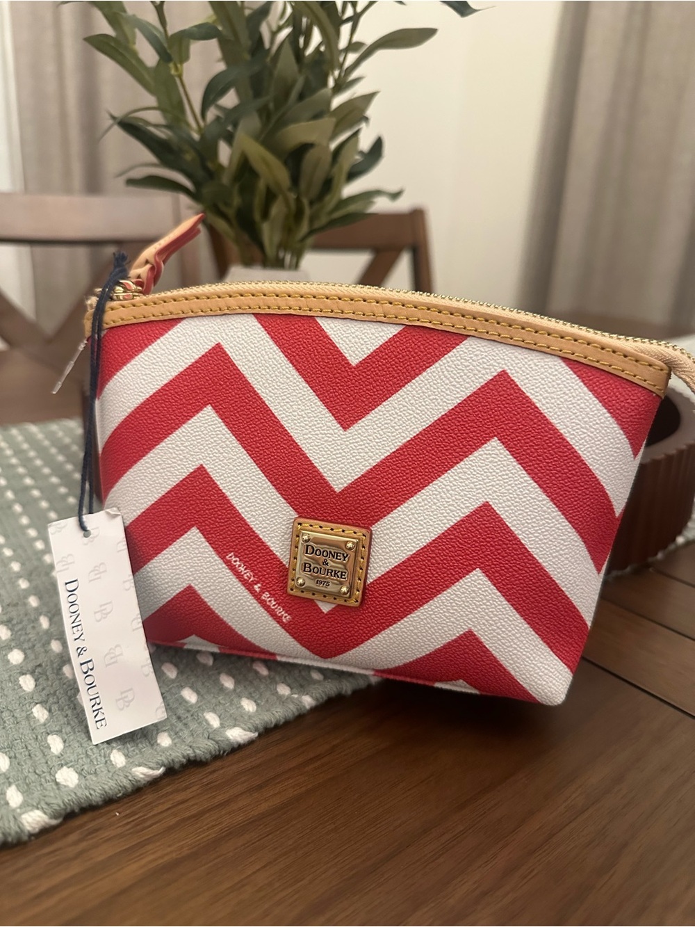 Dooney & Bourke Red and White Chevron Cosmetic Pouch with Tan Trim